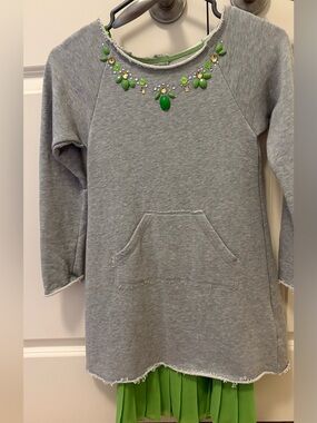 MonnaLisa Gray Sweatshirt Dress with Green Jewel Necklace Detail